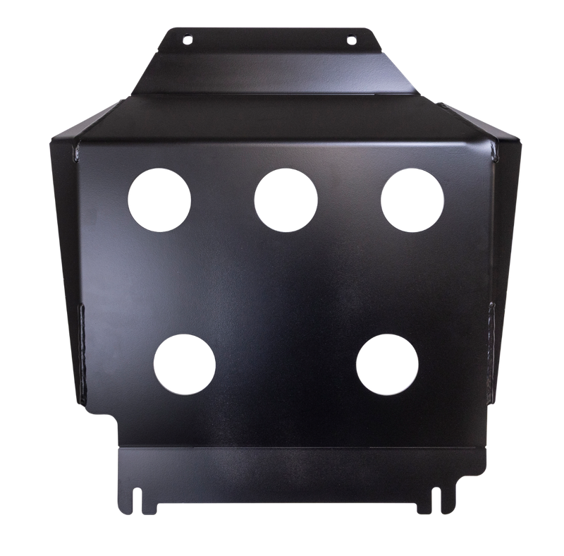 ReadyLIFT Skid Plate Kit, full kit on a studio background: A black steel skid plate with five round cutouts on a black background