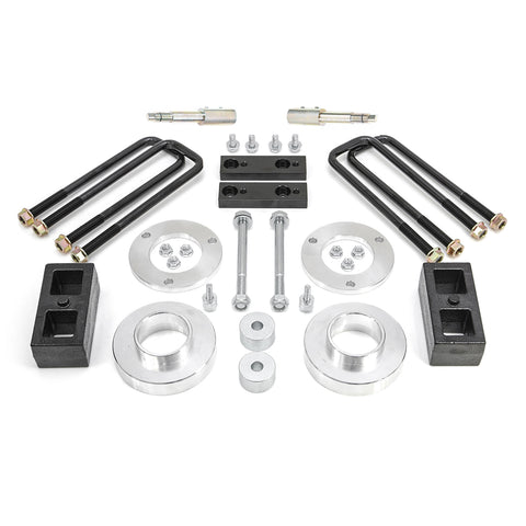 ReadyLIFT SST Lift Kit, full kit on a studio background: aluminum strut and preload spacers, two rear blocks, U-bolts, pins and bolts on white