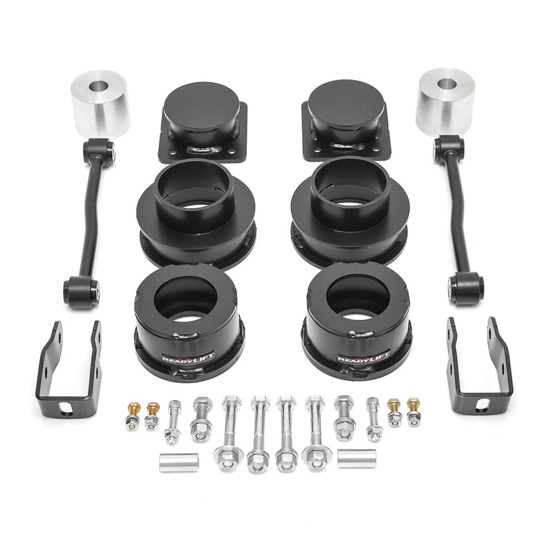 ReadyLIFT SST Lift Kit, full kit on a studio background: black ReadyLIFT coil spacers, aluminum bump stop spacers, sway bar links, brackets and bolts on white