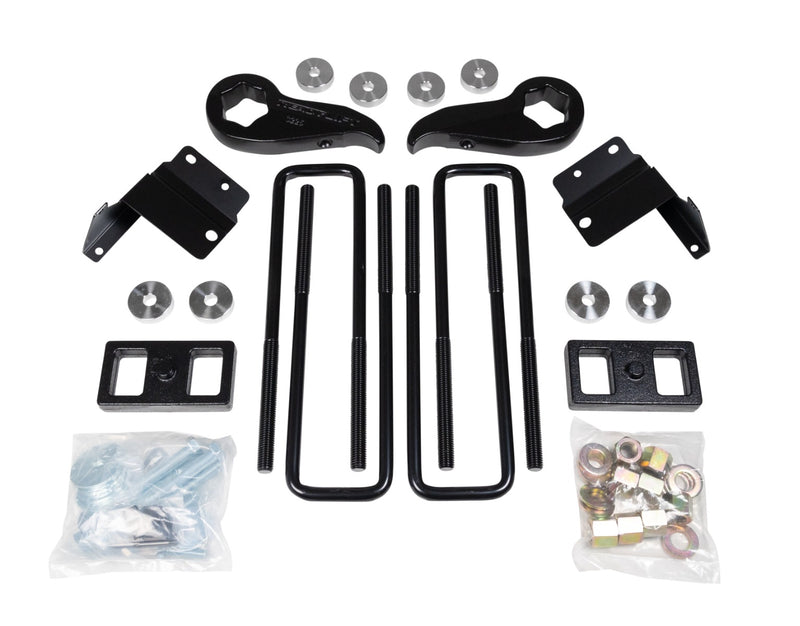 ReadyLIFT SST Lift Kit, full kit on a studio background: black torsion keys, brackets, rear blocks, square U-bolts and two hardware bags on white