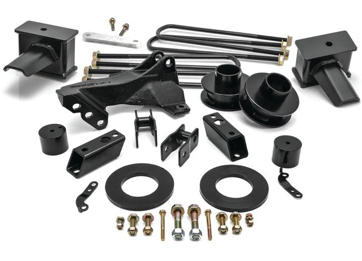 ReadyLIFT SST Lift Kit, full kit on a studio background: coil spacers, track bar bracket, rear blocks, U-bolts, a shim plate and hardware on white