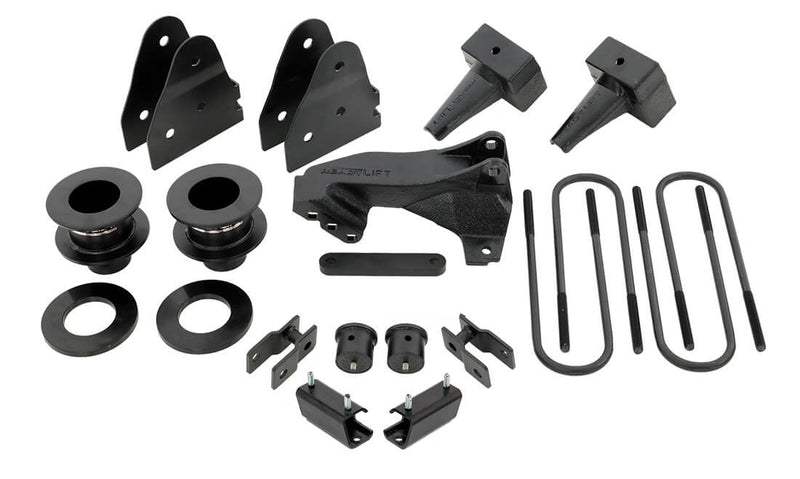 ReadyLIFT SST Lift Kit, full kit on a studio background: coil spacers, track bar bracket, shock brackets, tapered rear blocks and U-bolts on white