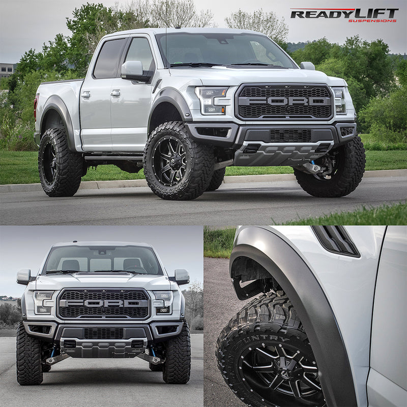 ReadyLIFT SST Lift Kit installed on a Ford F-150 Raptor: collage of a silver lifted Ford F-150 Raptor from the side, front and a wheel close-up with a ReadyLIFT logo