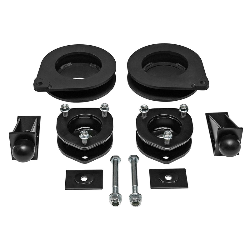 ReadyLIFT SST Lift Kit, full kit on a studio background: front strut spacers, rear coil spacers, bump stop extensions, plates and bolts laid out on white