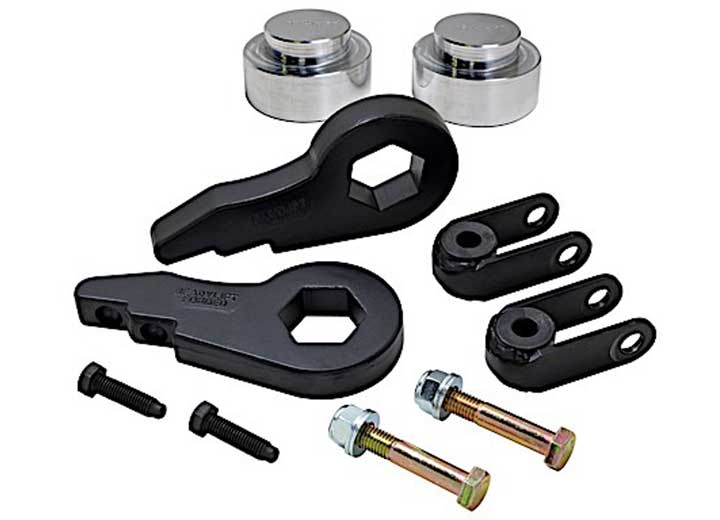 ReadyLIFT SST Lift Kit, full kit on a studio background: two black forged torsion keys, two aluminum rear coil spacers, shock extensions and bolts on white