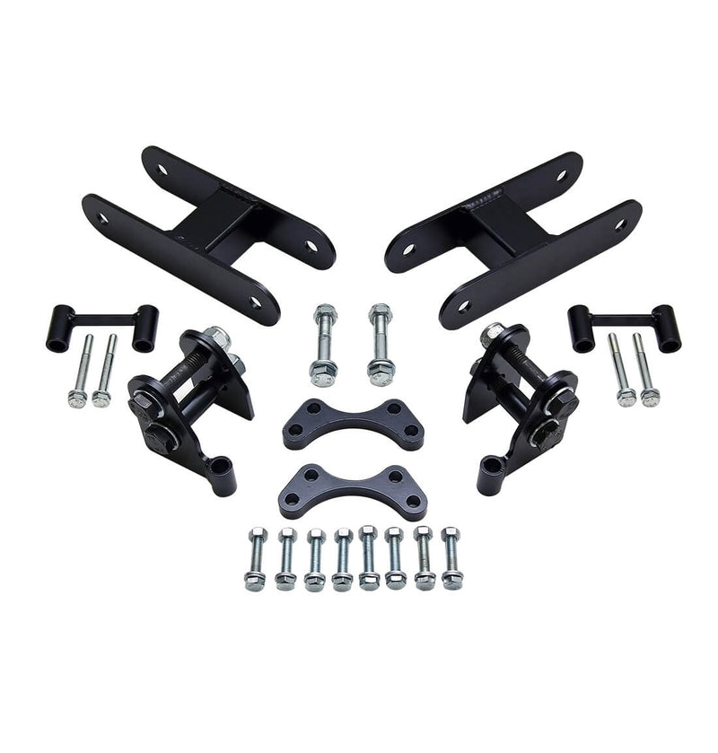 ReadyLIFT SST Lift Kit, full kit on a studio background: two black rear lift shackles, spindle brackets, small brackets and a row of bolts on white