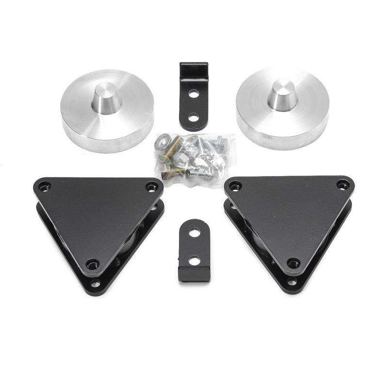ReadyLIFT SST Lift Kit, full kit on a studio background: two black triangular strut spacers, two aluminum rear spacers, brackets and hardware on white