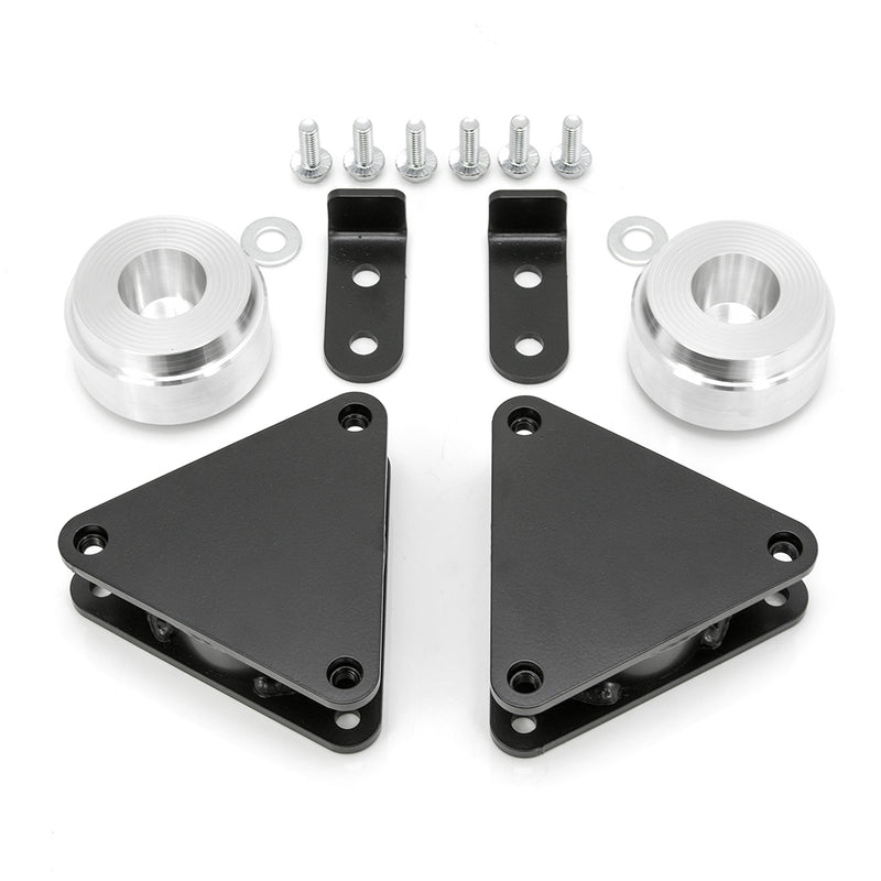 ReadyLIFT SST Lift Kit, full kit on a studio background: two black triangular strut spacers, two aluminum rear spacers, brackets and bolts on white