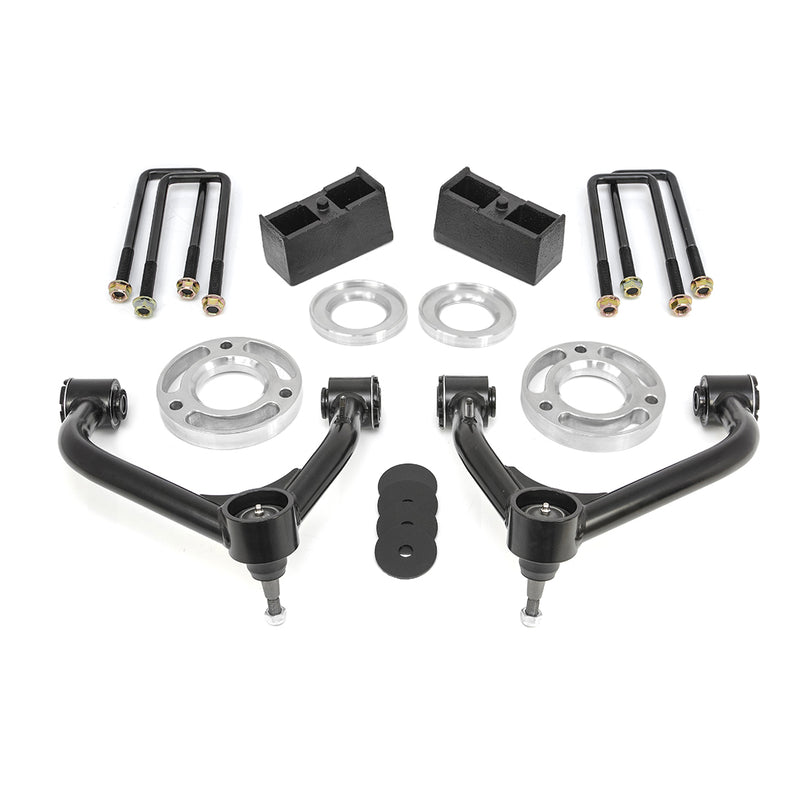 ReadyLIFT SST Lift Kit, full kit on a studio background: two black upper control arms, aluminum strut spacers, rear blocks, U-bolts and bump stop pads on white