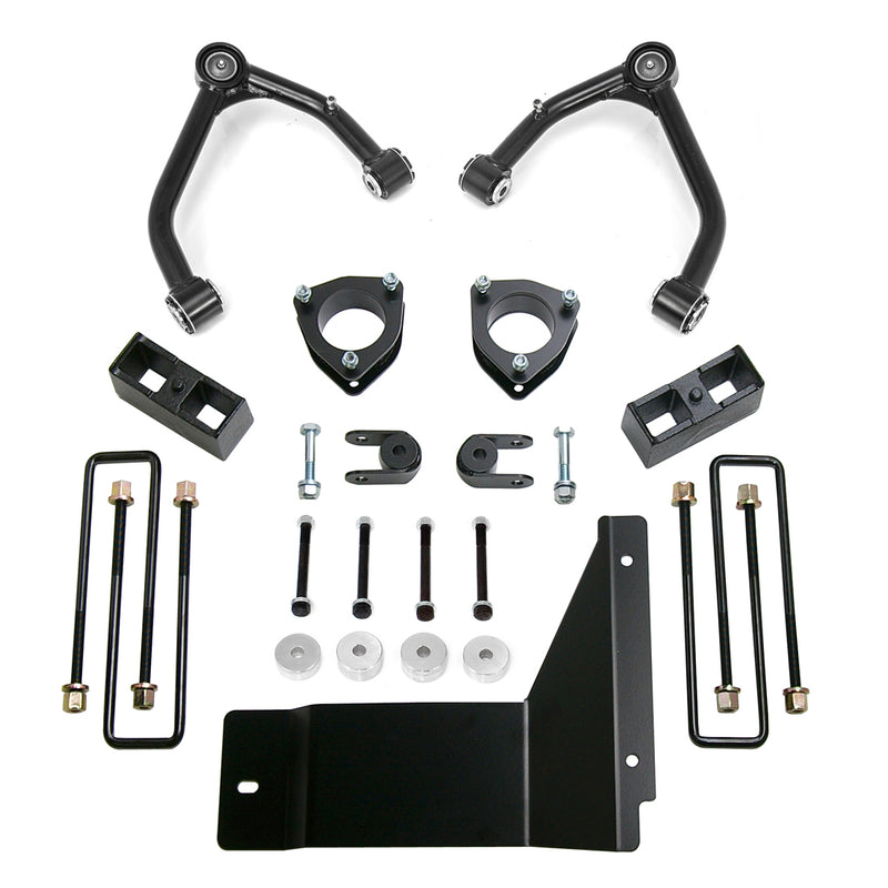 ReadyLIFT SST Lift Kit, full kit on a studio background: two black upper control arms, strut spacers, rear blocks, U-bolts, spacers and a black skid plate on white