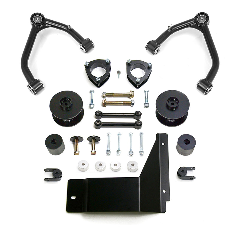 ReadyLIFT SST Lift Kit, full kit on a studio background: two black upper control arms, strut spacers, rear coil spacers, links, bump stops and a skid plate on white