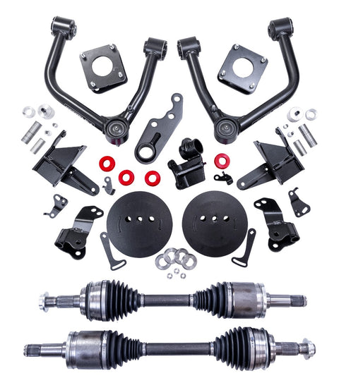 ReadyLIFT SST Lift Kit, full kit on a studio background: two black upper control arms, strut spacers, rear air spring spacers, brackets and two CV axles on white