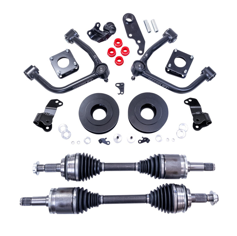 ReadyLIFT SST Lift Kit, full kit on a studio background: two black upper control arms, strut spacers, rear spacers, brackets, red bushings and two CV axles on white