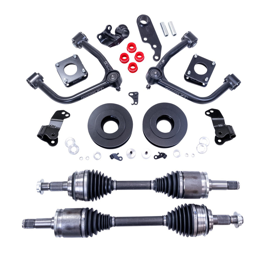 ReadyLIFT SST Lift Kit, full kit on a studio background: two black upper control arms, strut spacers, rear spacers, brackets, red bushings and two CV axles on white