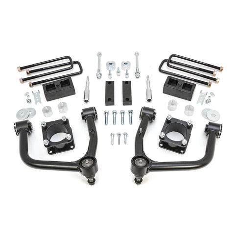 ReadyLIFT SST Lift Kit, full kit on a studio background: two black upper control arms, strut spacers, rear blocks, U-bolts and hardware on white
