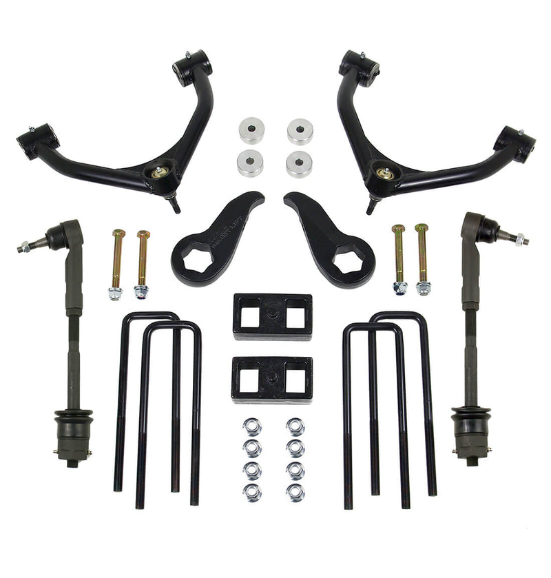ReadyLIFT SST Lift Kit, full kit on a studio background: two black upper control arms, torsion keys, tie rod ends, rear blocks, U-bolts and hardware on white