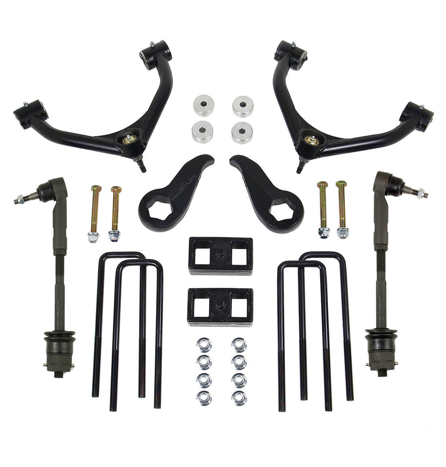 ReadyLIFT SST Lift Kit, full kit on a studio background: two black upper control arms, torsion keys, tie rod ends, rear blocks, U-bolts and hardware on white