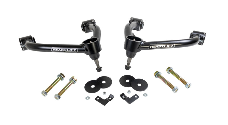 ReadyLIFT SST UCA, full kit on a studio background: A pair of black ReadyLIFT upper control arms laid out with bolts, black washers and small brackets on white