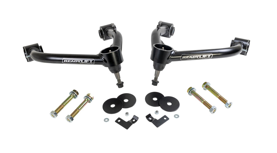 ReadyLIFT SST UCA, full kit on a studio background: A pair of black ReadyLIFT upper control arms laid out with bolts, black washers and small brackets on white