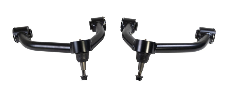 ReadyLIFT SST UCA, full kit on a studio background: A pair of black upper control arms with ball joints side by side on white
