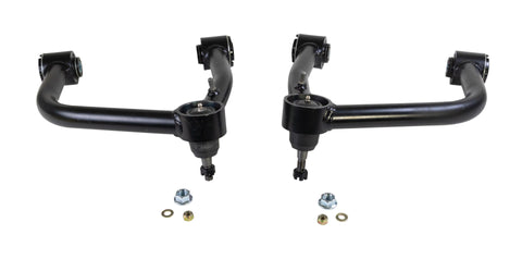 ReadyLIFT SST UCA, full kit on a studio background: A pair of black upper control arms with ball joints, nuts and washers on white