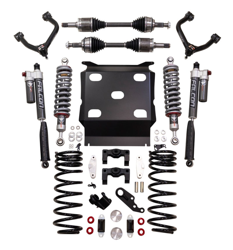 ReadyLIFT SST2.1 Suspension System, full kit on a studio background: ReadyLIFT kit with upper control arms, CV axles, Falcon coilovers and reservoir shocks, skid plate, rear coils and hardware on white