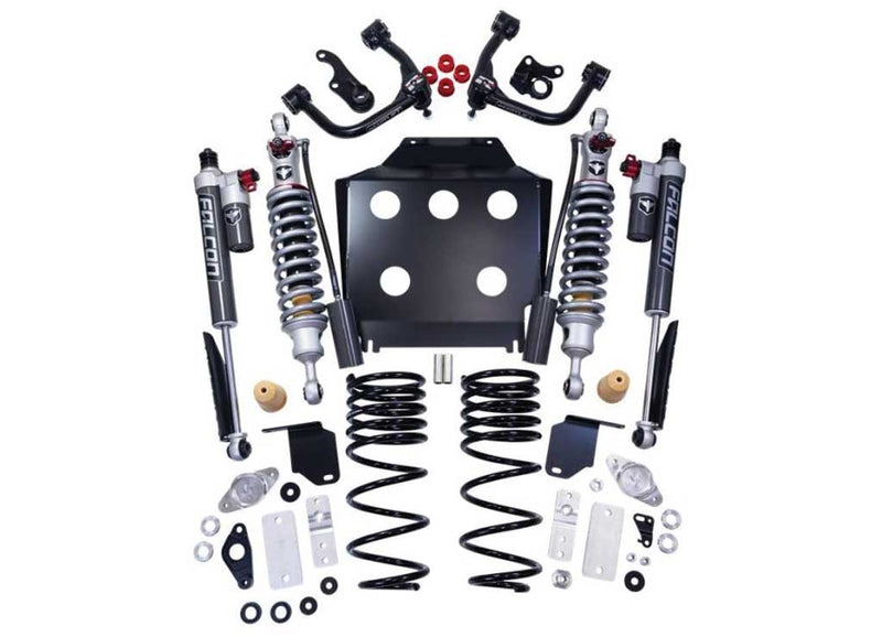 ReadyLIFT SST3.3 Suspension System, full kit on a studio background: two upper control arms, two Falcon coilovers, two Falcon rear shocks, rear springs and a skid plate on white