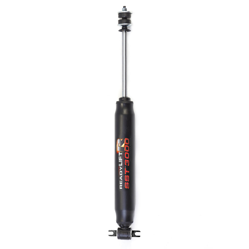 Close-up of the ReadyLIFT SST3000 Rear Shocks: A single black ReadyLIFT SST3000 shock absorber standing upright on white