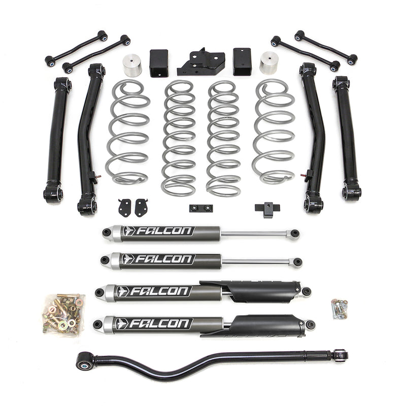 ReadyLIFT Terrain Flex 4-Arm Kit, full kit on a studio background: four Falcon monotube shocks, silver coil springs, control arms, brackets, links and a track bar on white