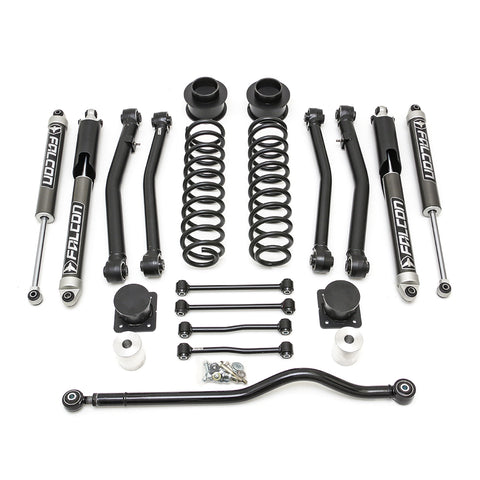 ReadyLIFT Terrain Flex 4-Arm Lift Kit, full kit on a studio background: four Falcon monotube shocks, coil springs, control arms, spacers, links and a track bar laid out on white