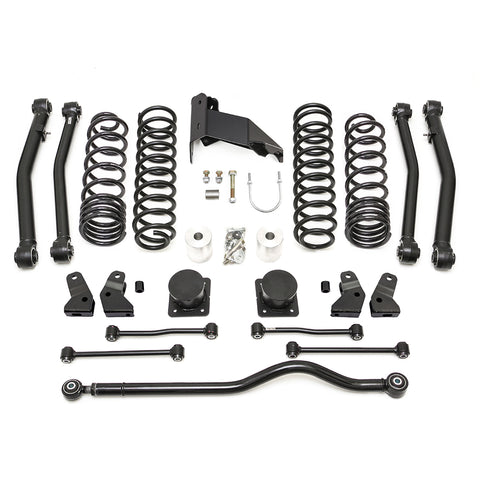 ReadyLIFT Terrain Flex Max Lift Kit, full kit on a studio background: coil springs, black control arms, brackets, bump stops, links and a track bar laid out on white