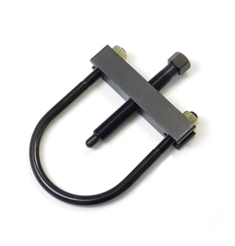 ReadyLIFT Torsion Key Unloading Tool, full kit on a studio background: A black U-frame torsion key unloading tool with a forcing screw on white