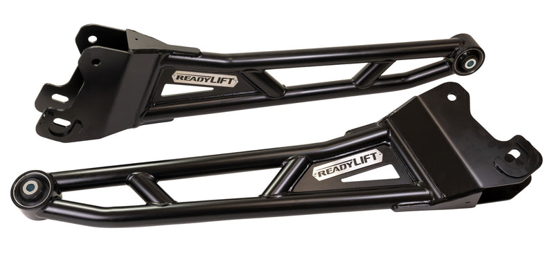 ReadyLIFT Tubular Radius Arm Kit, full kit on a studio background: pair of black ReadyLIFT tubular radius arms with bushings on white