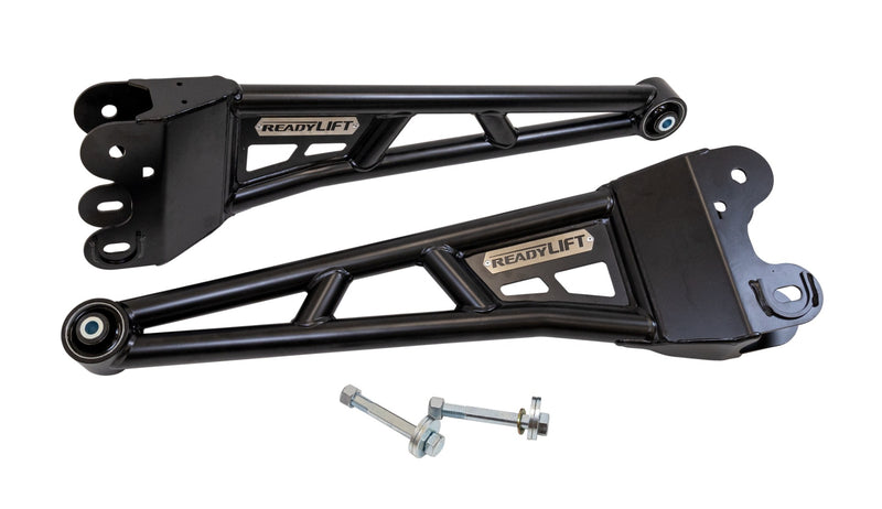 ReadyLIFT Tubular Radius Arm Kit, full kit on a studio background: pair of black ReadyLIFT tubular radius arms with cam bolts on white