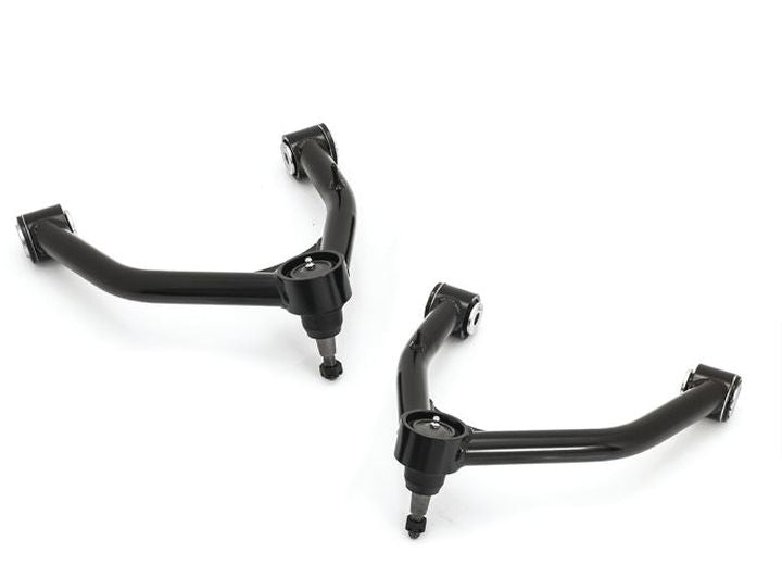 ReadyLIFT Tubular Upper Control Arm Kit, full kit on a studio background: two black tubular upper control arms with ball joints on a white background