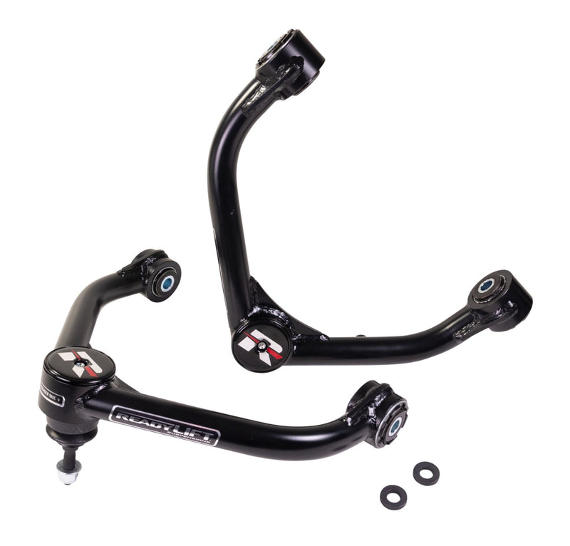 ReadyLIFT Upper Control Arms, full kit on a studio background: two black ReadyLIFT tubular upper control arms with red R caps and washers on white