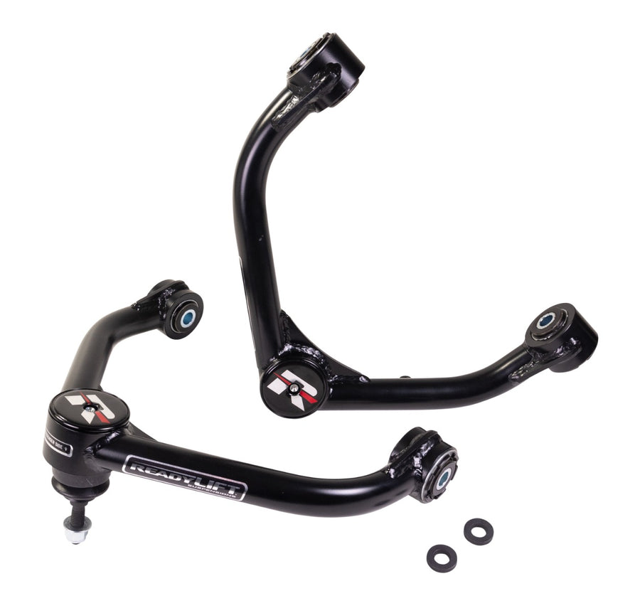 ReadyLIFT Upper Control Arms, full kit on a studio background: two black ReadyLIFT tubular upper control arms with red R caps and washers on white