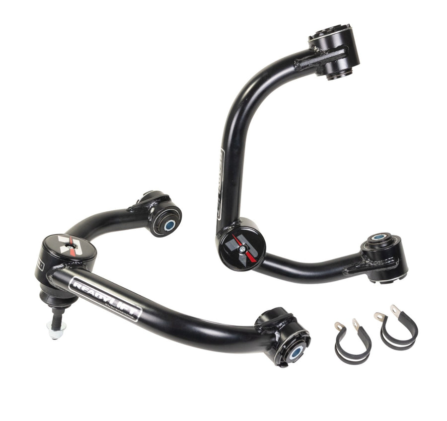 ReadyLIFT Upper Control Arms, full kit on a studio background: two black ReadyLIFT tubular upper control arms with line clamps and washers on white