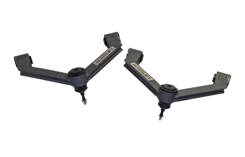 ReadyLIFT Xtreme-Duty Fabricated A-Arm Kit, full kit on a studio background: A pair of black fabricated plate-steel ReadyLIFT upper control arms on white