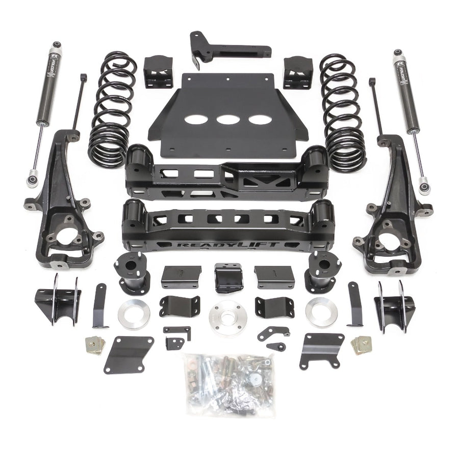Big Lift Kits by ReadyLIFT: Complete ReadyLIFT 6" lift kit laid out with coil springs, shocks, knuckles, crossmembers, skid plate and hardware on white.
