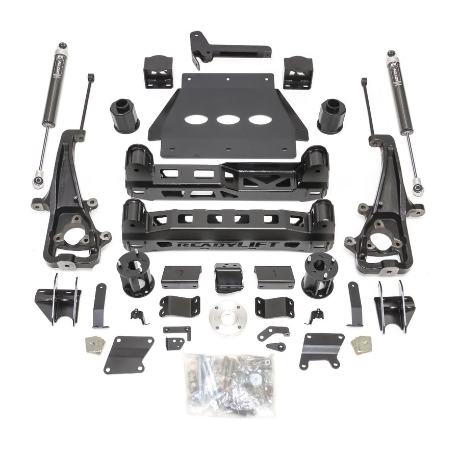 Big Lift Kits by ReadyLIFT: Full ReadyLIFT 6" lift kit with Falcon shocks, knuckles, crossmembers, skid plate and bagged hardware on white.