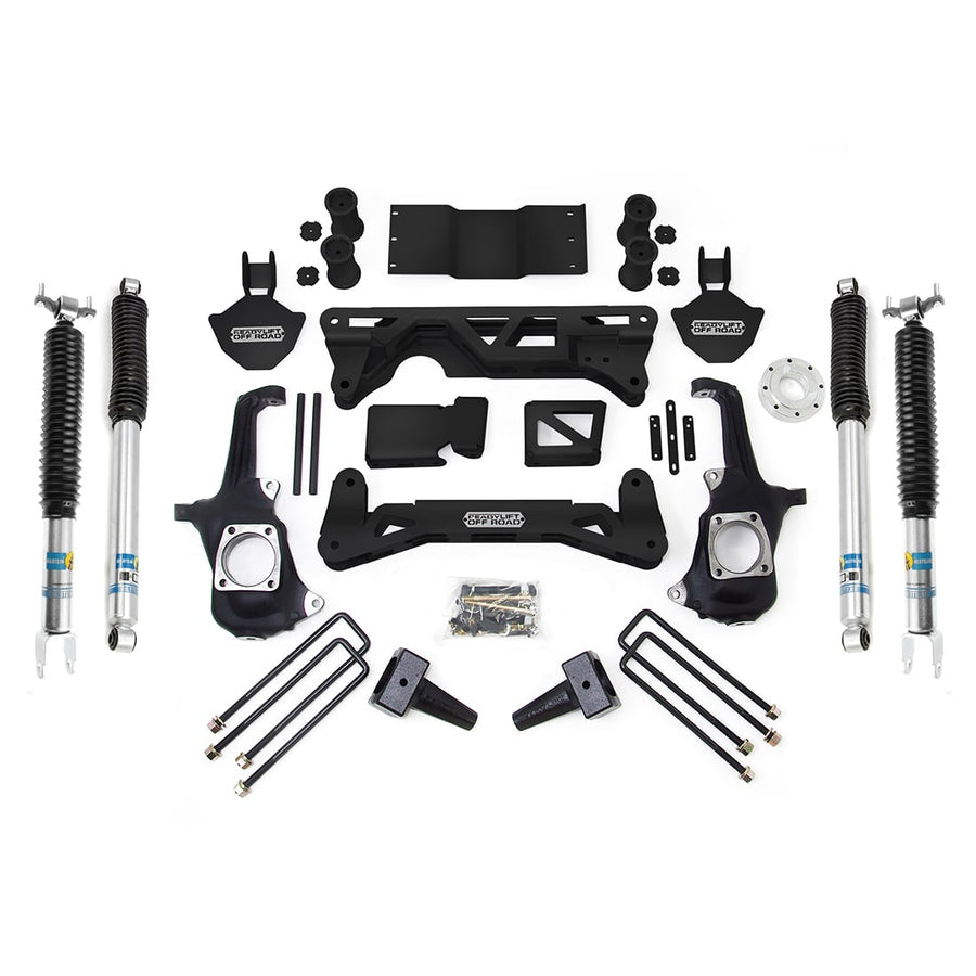 Big Lift Kits by ReadyLIFT: ReadyLIFT GM HD lift kit laid out with knuckles, crossmembers, Bilstein shocks, blocks and U-bolts on white.