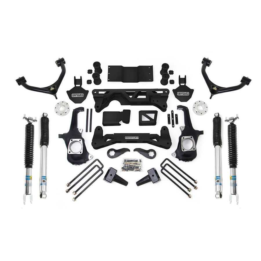 Big Lift Kits by ReadyLIFT: ReadyLIFT 7-8" GM HD kit with upper control arms, knuckles, crossmembers, Bilstein shocks, blocks and U-bolts on white.