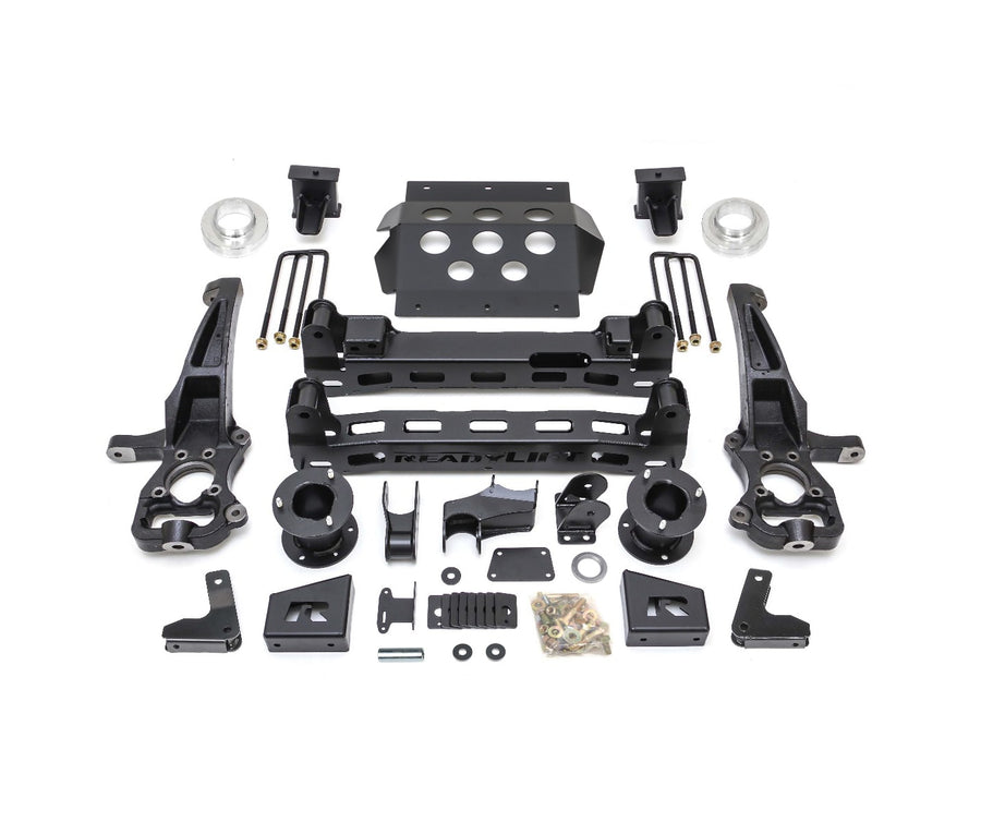Big Lift Kits by ReadyLIFT: ReadyLIFT GM 1500 lift kit with knuckles, crossmembers, skid plate, spacers, blocks, U-bolts and hardware on white.