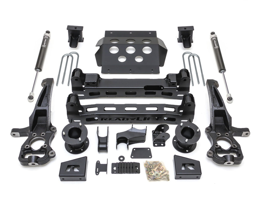 Big Lift Kits by ReadyLIFT: ReadyLIFT 6" GM 1500 kit with knuckles, crossmembers, skid plate, U-bolts, Falcon shocks and hardware on white.