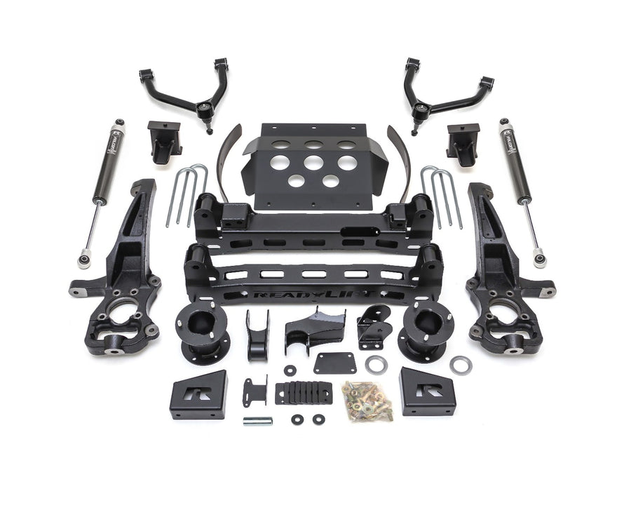 Big Lift Kits by ReadyLIFT: ReadyLIFT GM 1500 kit with upper arms, knuckles, crossmembers, skid plate, Falcon shocks and hardware on white.