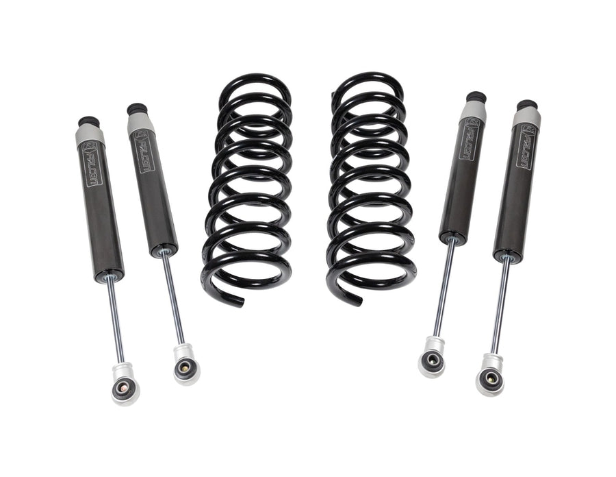 Leveling Kits by ReadyLIFT: Pair of black coil springs with four Falcon shocks arranged on white.