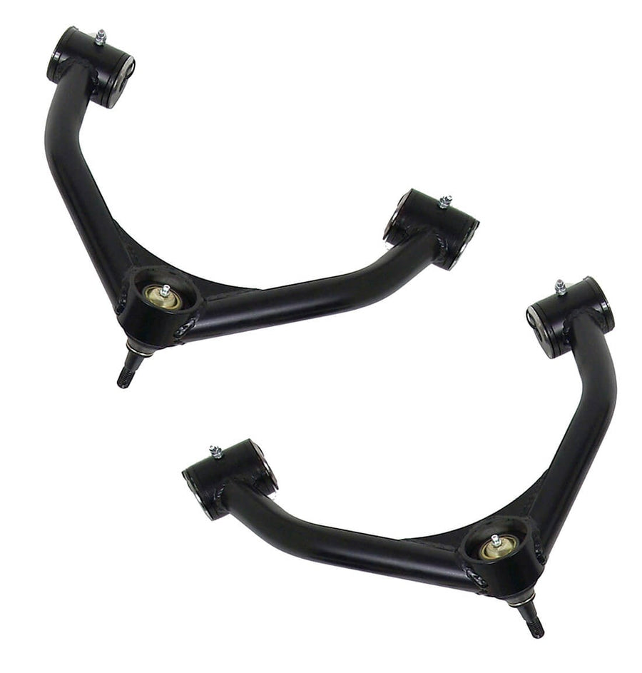 Big Lift Kits by ReadyLIFT: Pair of black tubular upper control arms with ball joints on white.