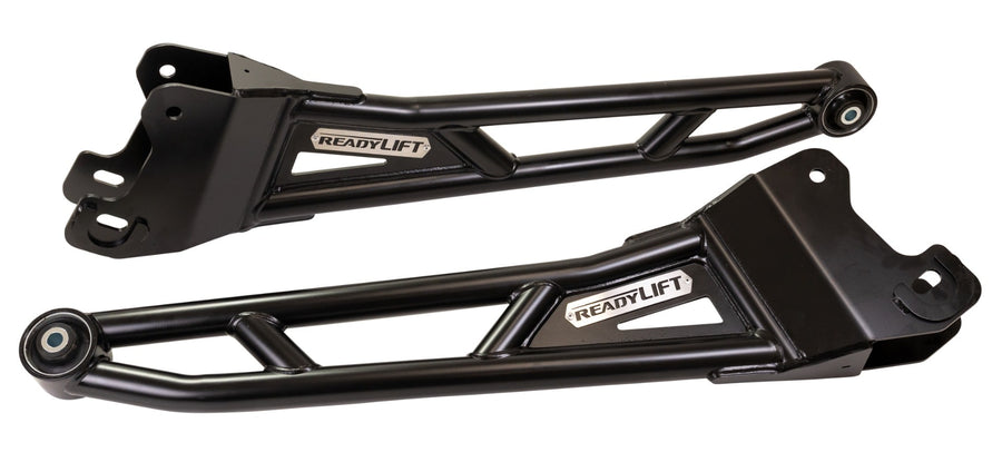 Big Lift Kits by ReadyLIFT: Pair of black ReadyLIFT tubular radius arms with bushings on white.