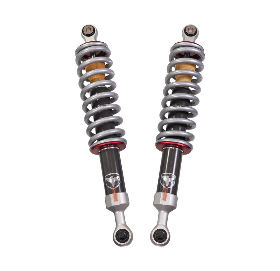 Falcon Shocks by ReadyLIFT: Pair of Falcon 2.1 coilovers with gray springs and red collars on white.